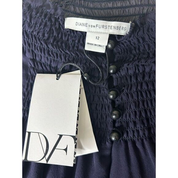 Diane Von Furstenberg Navy 100% Silk Mock Neck Long Sleeve Blouse Size 12 NWT! - Picture 5 of 9